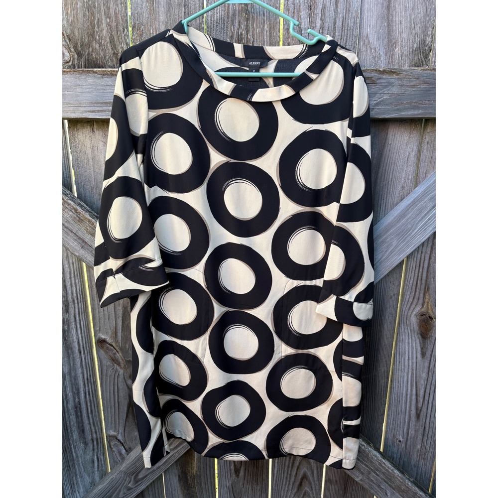 Alfani 100% Silk Mod Circle Print Shift Dress Black Tan Cream Size 12